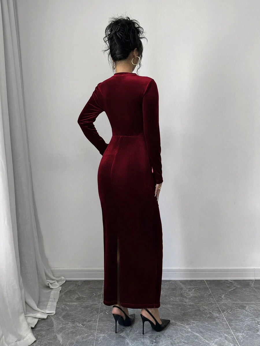 Florence Velvet Ruched Mock Neck Bodycon Maxi Dress