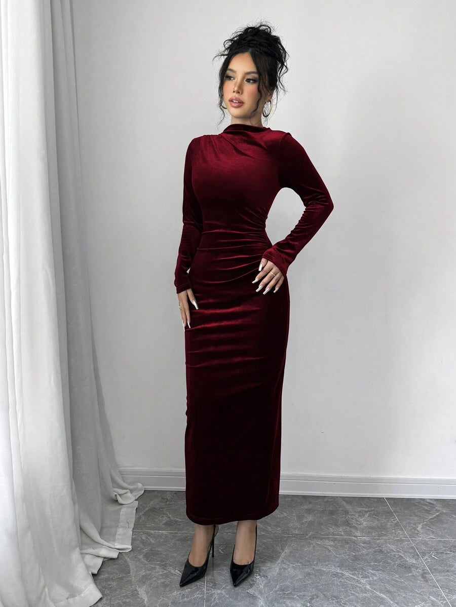 Florence Velvet Ruched Mock Neck Bodycon Maxi Dress