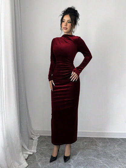 Florence Velvet Ruched Mock Neck Bodycon Maxi Dress