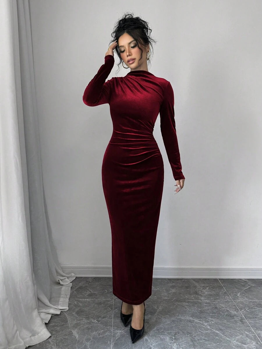 Florence Velvet Ruched Mock Neck Bodycon Maxi Dress