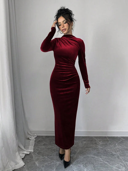 Florence Velvet Ruched Mock Neck Bodycon Maxi Dress