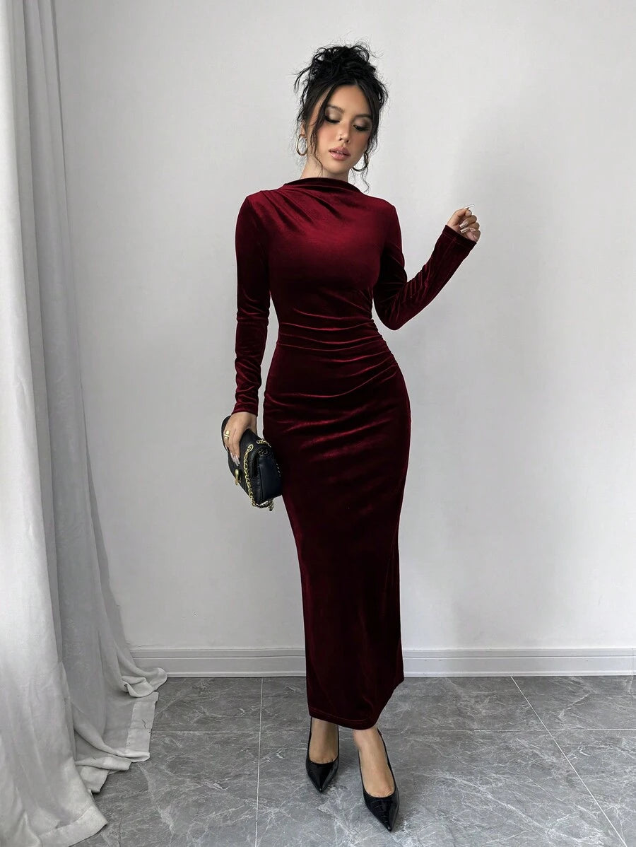 Florence Velvet Ruched Mock Neck Bodycon Maxi Dress