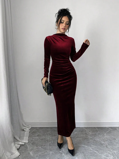 Florence Velvet Ruched Mock Neck Bodycon Maxi Dress