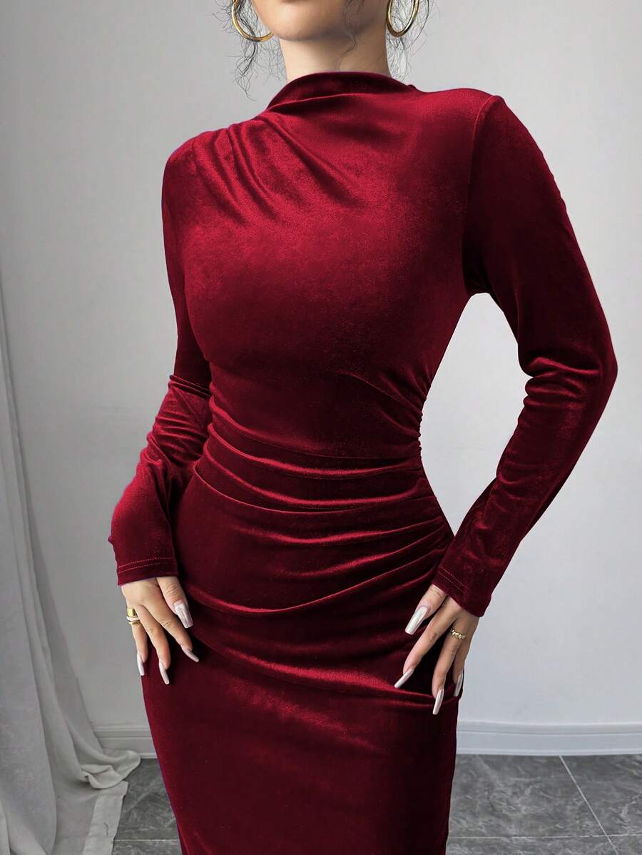 Florence Velvet Ruched Mock Neck Bodycon Maxi Dress