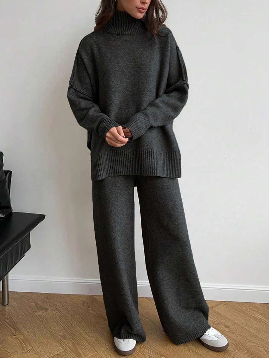 Anneliese High Neck Oversized Sweater and Wide Leg Knit Pants Set - Charcoal Grey