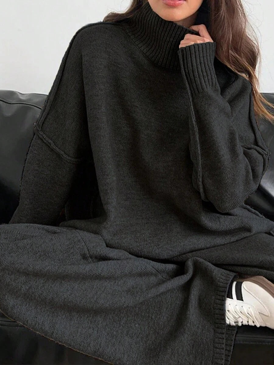 Anneliese High Neck Oversized Sweater and Wide Leg Knit Pants Set - Charcoal Grey