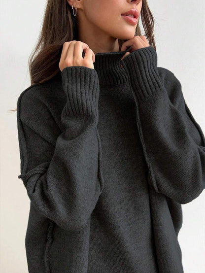 Anneliese High Neck Oversized Sweater and Wide Leg Knit Pants Set - Charcoal Grey
