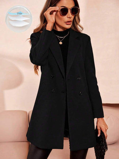 Liesel Double Breasted Thigh Length Coat with Lapel Collar - Black