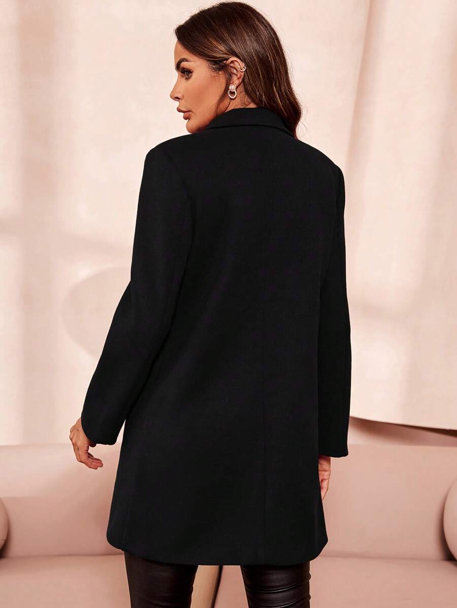 Liesel Double Breasted Thigh Length Coat with Lapel Collar - Black