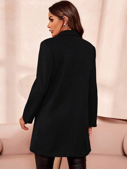 Liesel Double Breasted Thigh Length Coat with Lapel Collar - Black