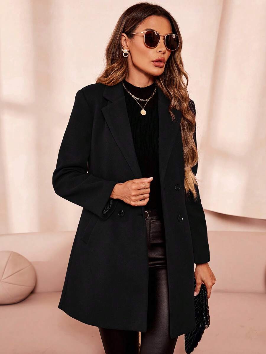 Liesel Double Breasted Thigh Length Coat with Lapel Collar - Black