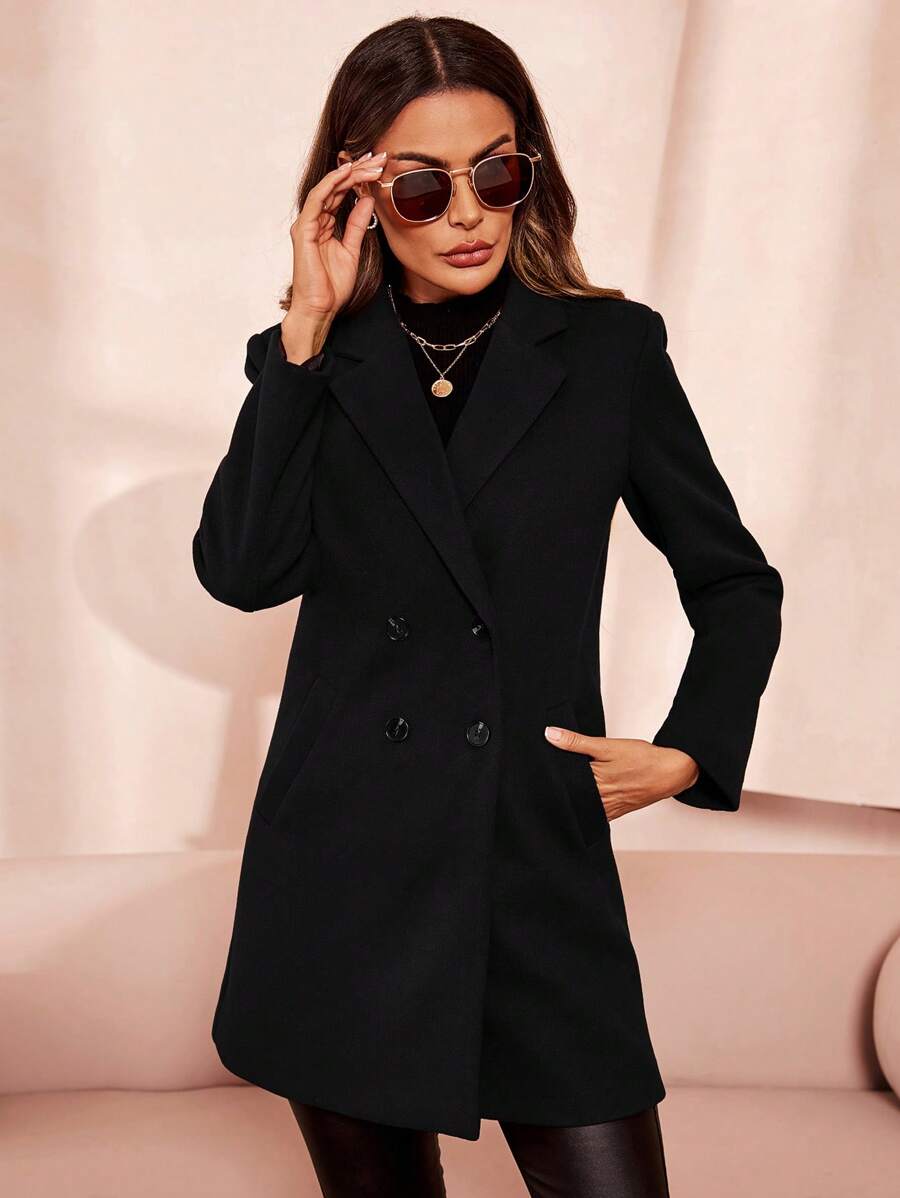Liesel Double Breasted Thigh Length Coat with Lapel Collar - Black