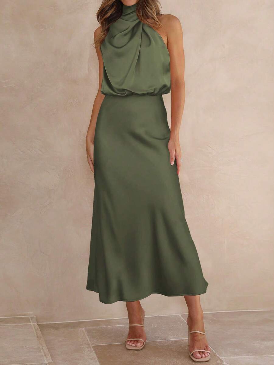 Women's Satin Cowl Neck Halter Midi Dress, Lined Silky Dress for Wedding Guest and Evening - Black