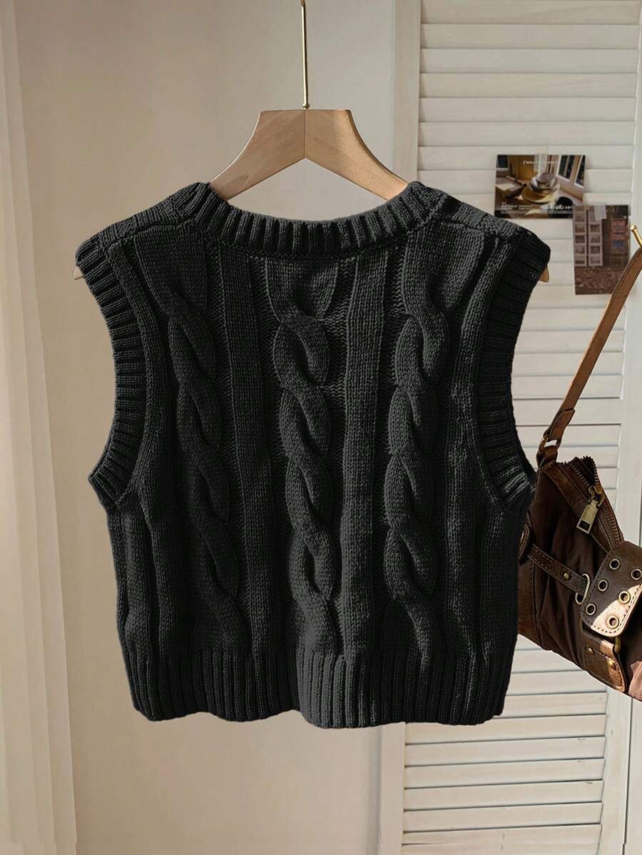 Women's Cropped Cable Knit Sweater Vest, Sleeveless Layering Top for Fall - Coffee Brown