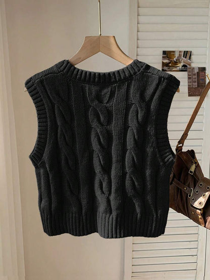 Women's Cropped Cable Knit Sweater Vest, Sleeveless Layering Top for Fall - Coffee Brown