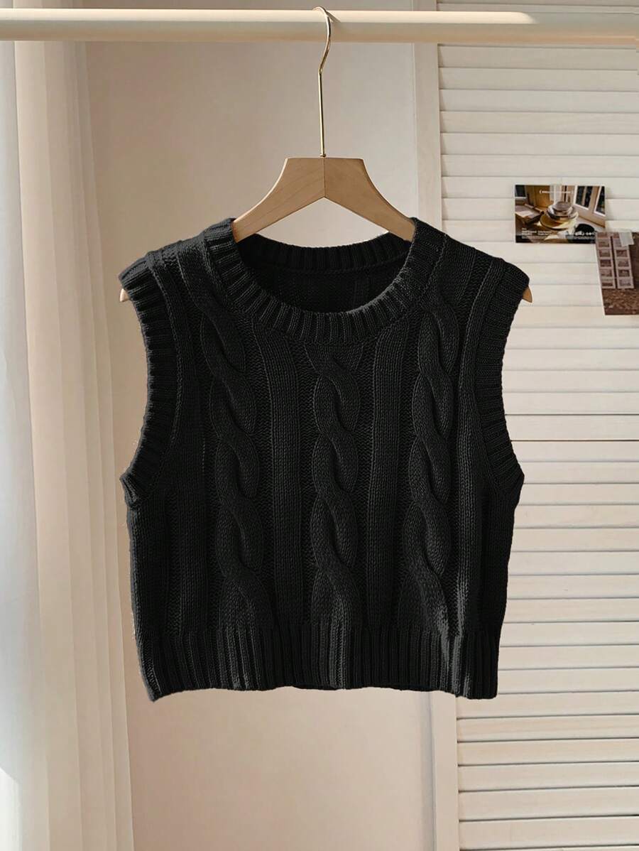 Women's Cropped Cable Knit Sweater Vest, Sleeveless Layering Top for Fall - Coffee Brown