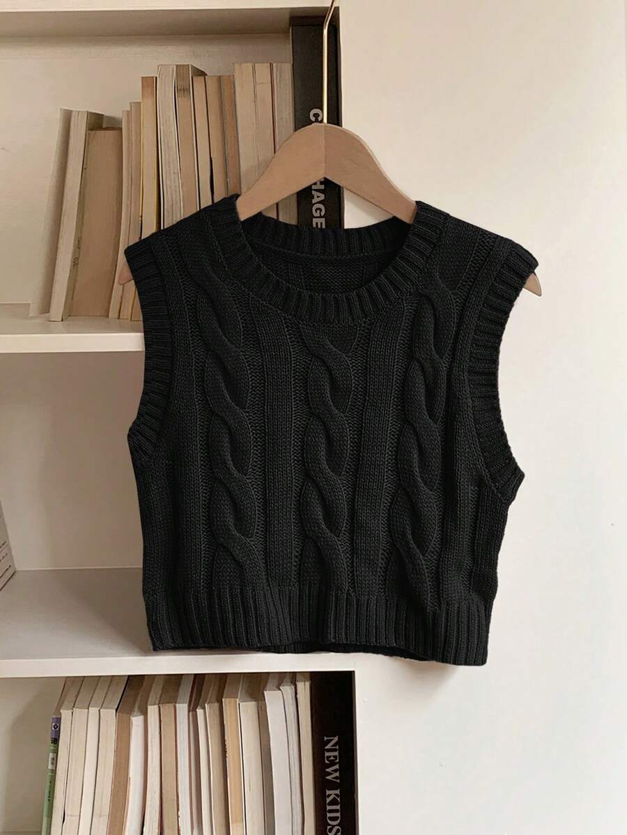 Women's Cropped Cable Knit Sweater Vest, Sleeveless Layering Top for Fall - Coffee Brown