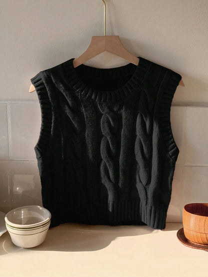 Women's Cropped Cable Knit Sweater Vest, Sleeveless Layering Top for Fall - Coffee Brown
