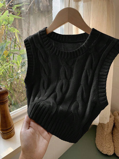 Women's Cropped Cable Knit Sweater Vest, Sleeveless Layering Top for Fall - Coffee Brown