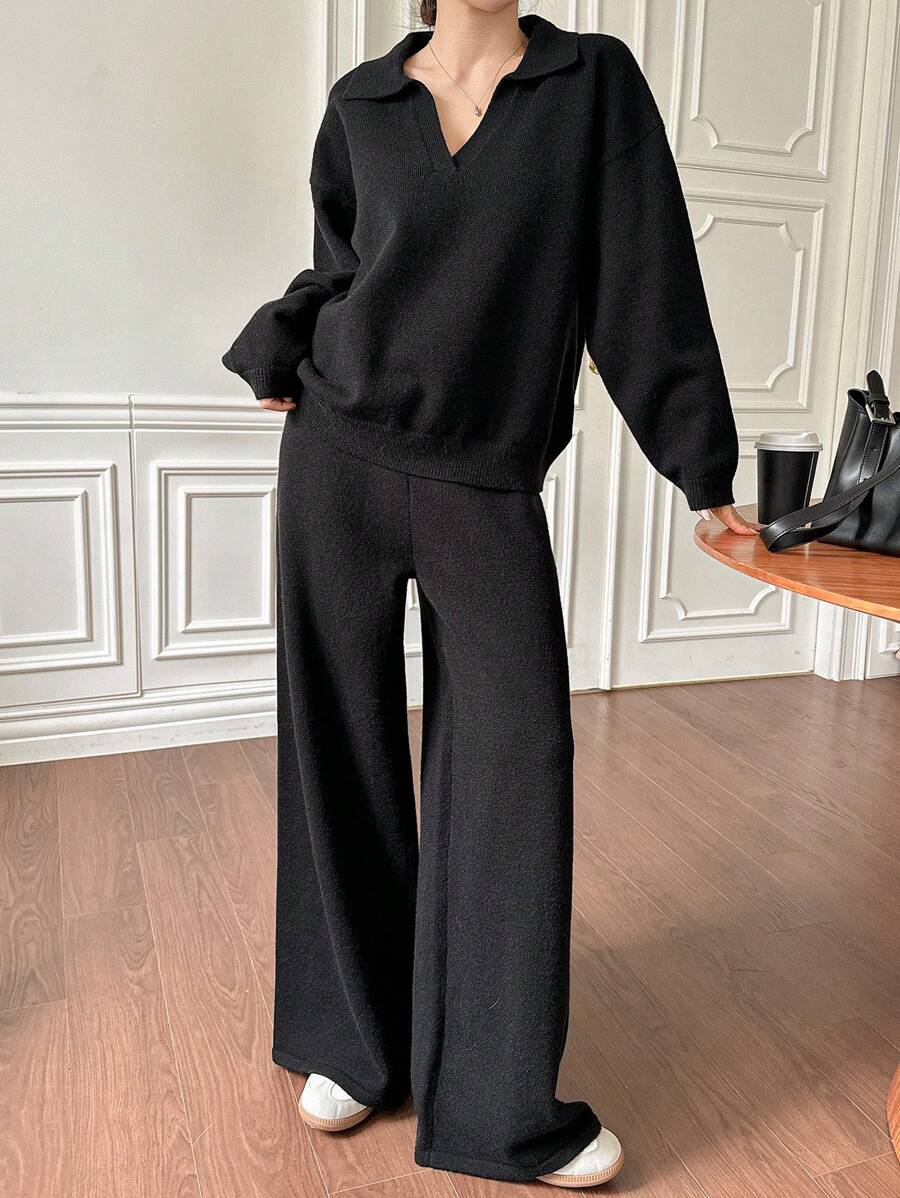 Women's Collared Knit Sweater and Wide Leg Pants Set, Two Piece Matching Outfit for Fall - Navy Blue