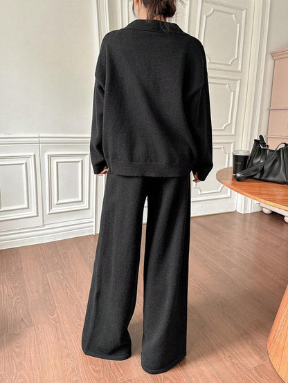 Women's Collared Knit Sweater and Wide Leg Pants Set, Two Piece Matching Outfit for Fall - Navy Blue