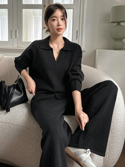 Women's Collared Knit Sweater and Wide Leg Pants Set, Two Piece Matching Outfit for Fall - Black