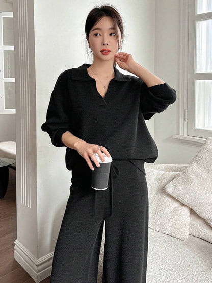 Women's Collared Knit Sweater and Wide Leg Pants Set, Two Piece Matching Outfit for Fall - Camel