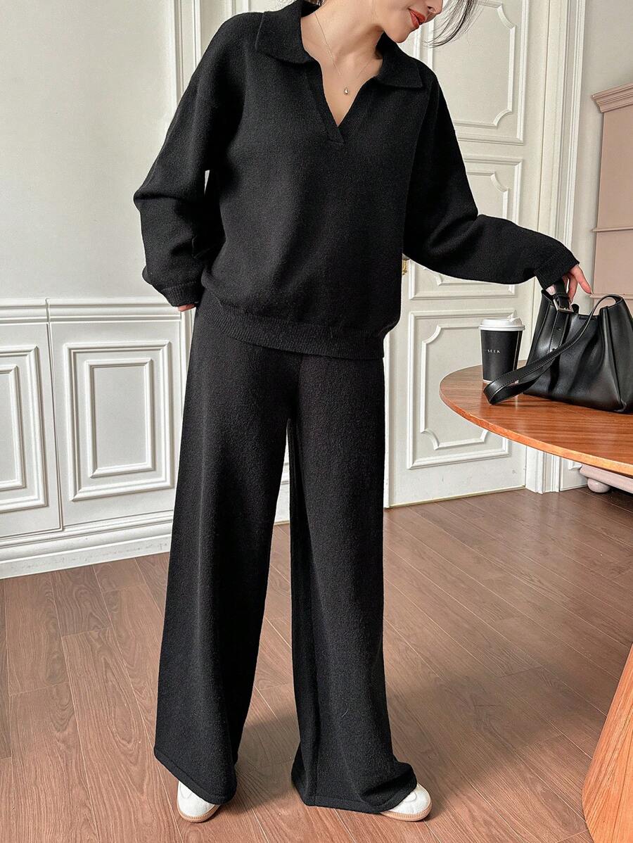 Women's Collared Knit Sweater and Wide Leg Pants Set, Two Piece Matching Outfit for Fall - Navy Blue