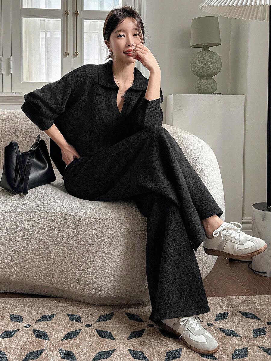 Women's Collared Knit Sweater and Wide Leg Pants Set, Two Piece Matching Outfit for Fall - Black