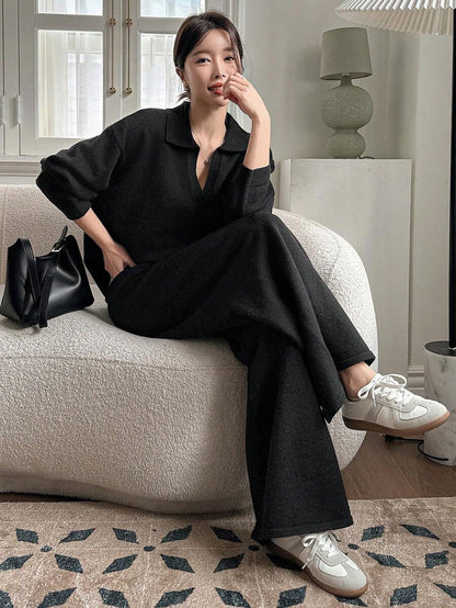 Women's Collared Knit Sweater and Wide Leg Pants Set, Two Piece Matching Outfit for Fall - Black