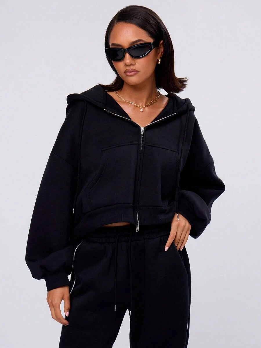 Claudia Double Zip Drawstring Hoodie - Black