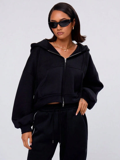 Claudia Double Zip Drawstring Hoodie - Black