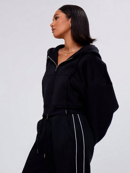 Claudia Double Zip Drawstring Hoodie - Black