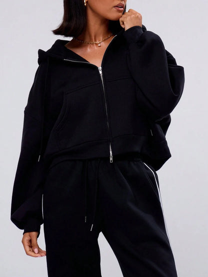 Claudia Double Zip Drawstring Hoodie - Black