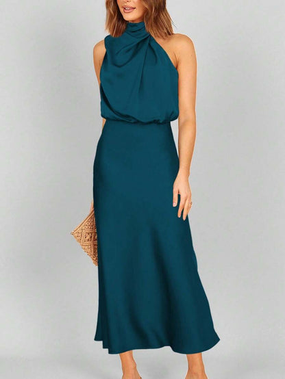 Women's Satin Cowl Neck Halter Midi Dress, Lined Silky Dress for Wedding Guest and Evening - Black