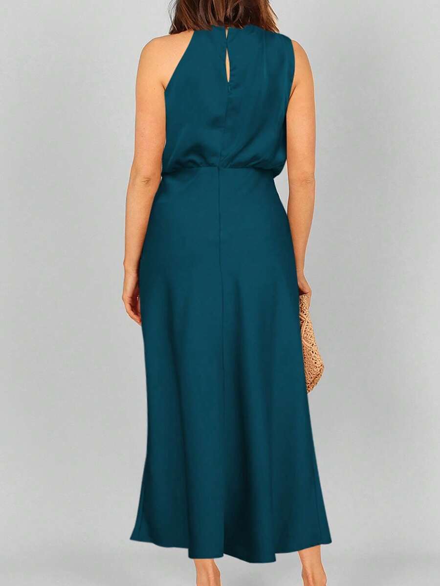 Women's Satin Cowl Neck Halter Midi Dress, Lined Silky Dress for Wedding Guest and Evening - Black