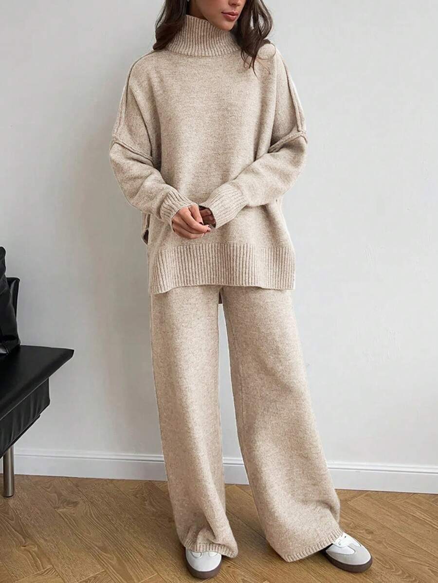 Anneliese High Neck Oversized Sweater and Wide Leg Knit Pants Set - Oatmeal