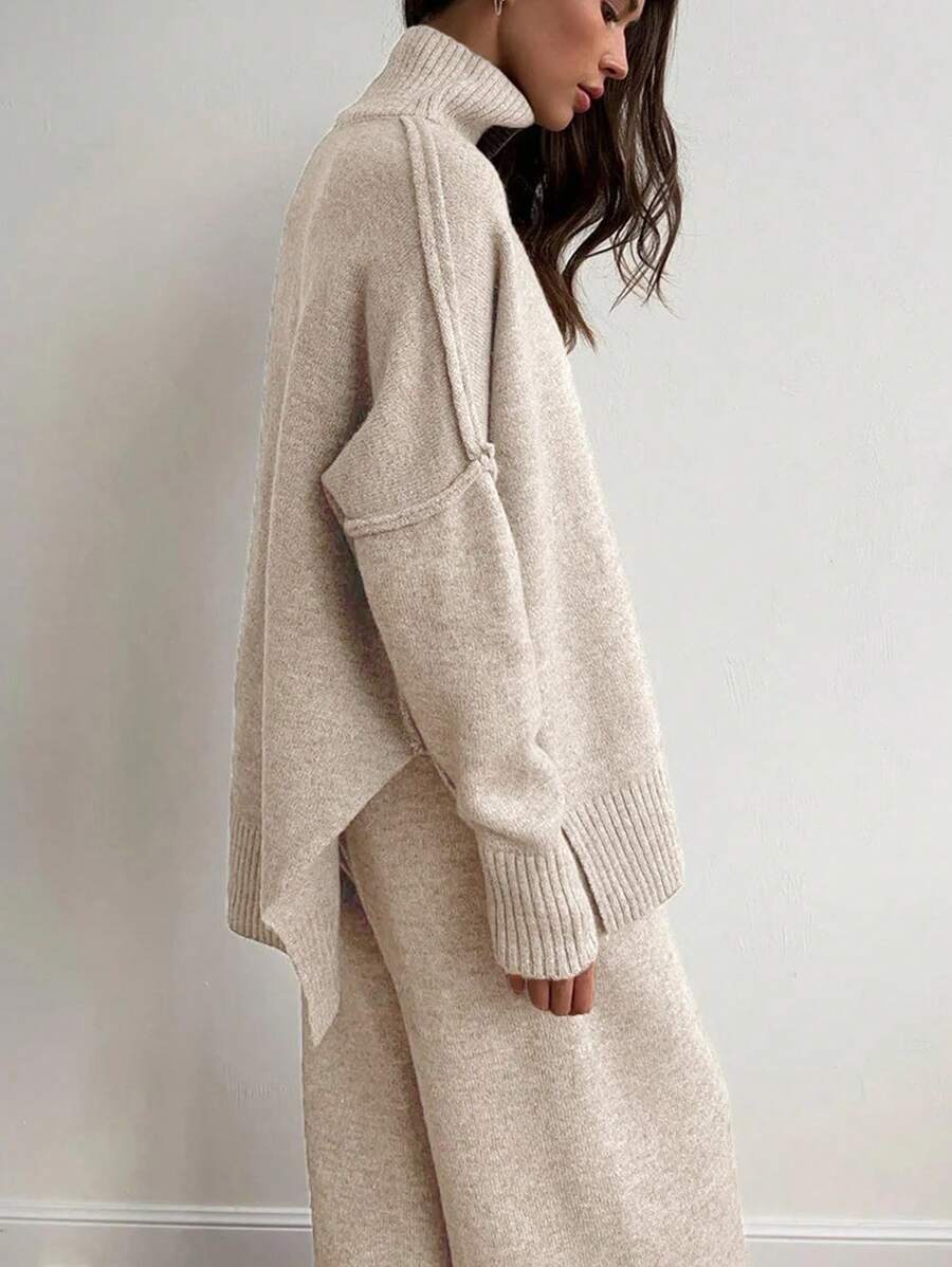 Anneliese High Neck Oversized Sweater and Wide Leg Knit Pants Set - Oatmeal