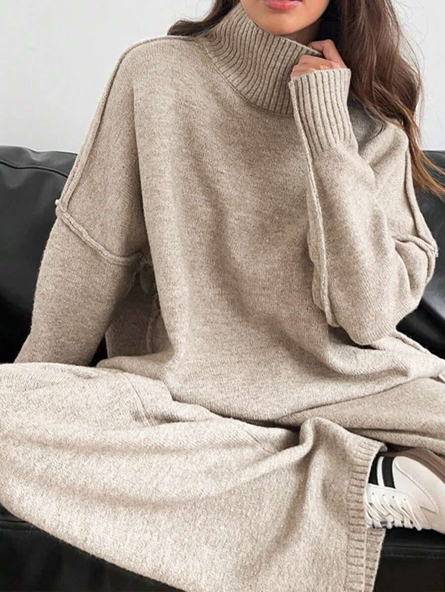 Anneliese High Neck Oversized Sweater and Wide Leg Knit Pants Set - Oatmeal
