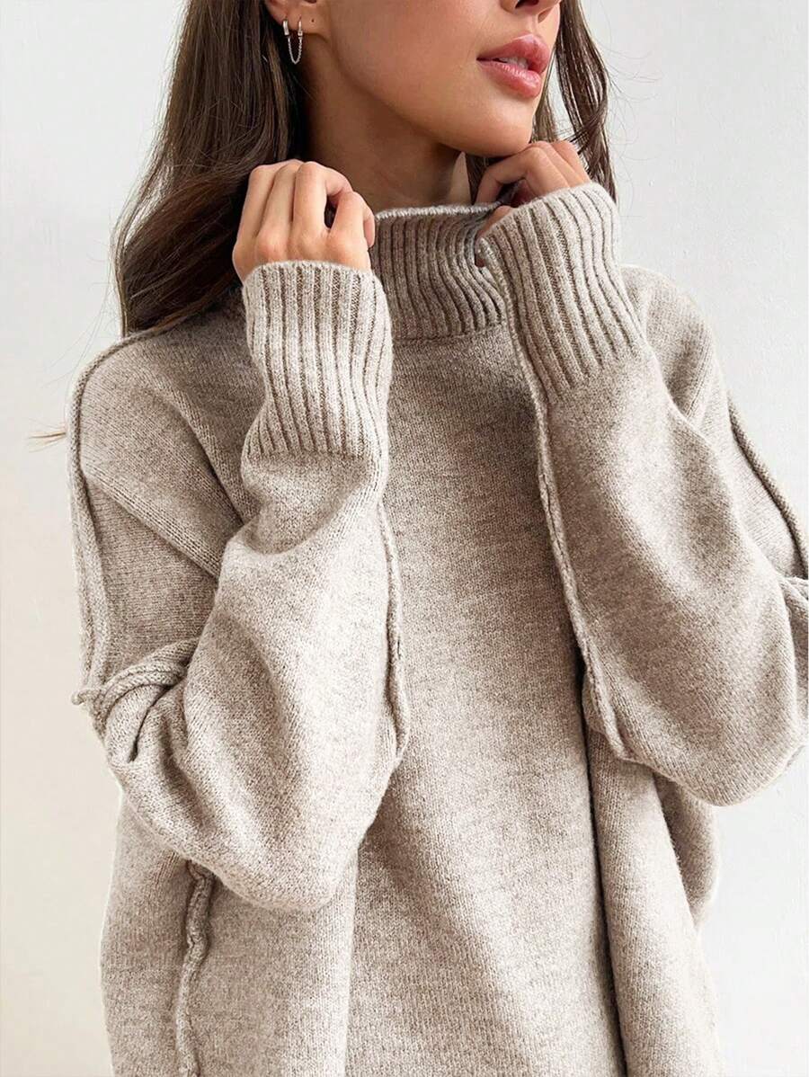Anneliese High Neck Oversized Sweater and Wide Leg Knit Pants Set - Oatmeal
