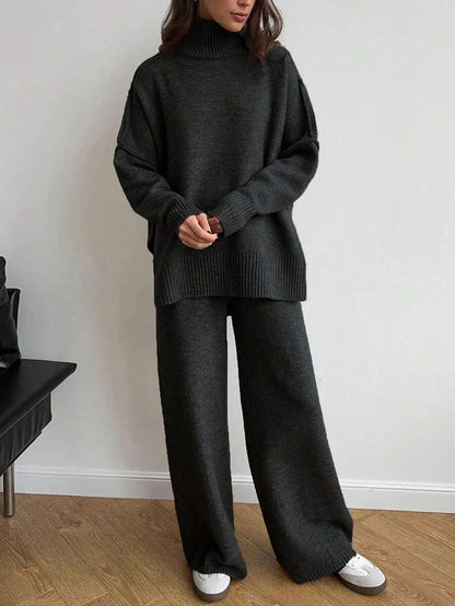 Anneliese High Neck Oversized Sweater and Wide Leg Knit Pants Set - Black