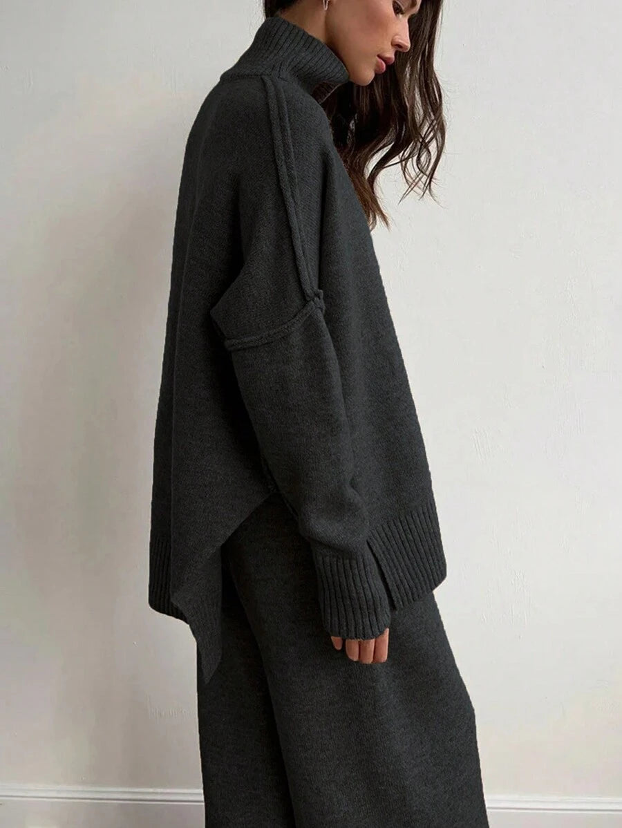 Anneliese High Neck Oversized Sweater and Wide Leg Knit Pants Set - Black
