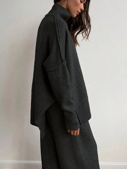 Anneliese High Neck Oversized Sweater and Wide Leg Knit Pants Set - Black