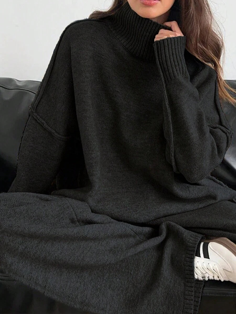Anneliese High Neck Oversized Sweater and Wide Leg Knit Pants Set - Black