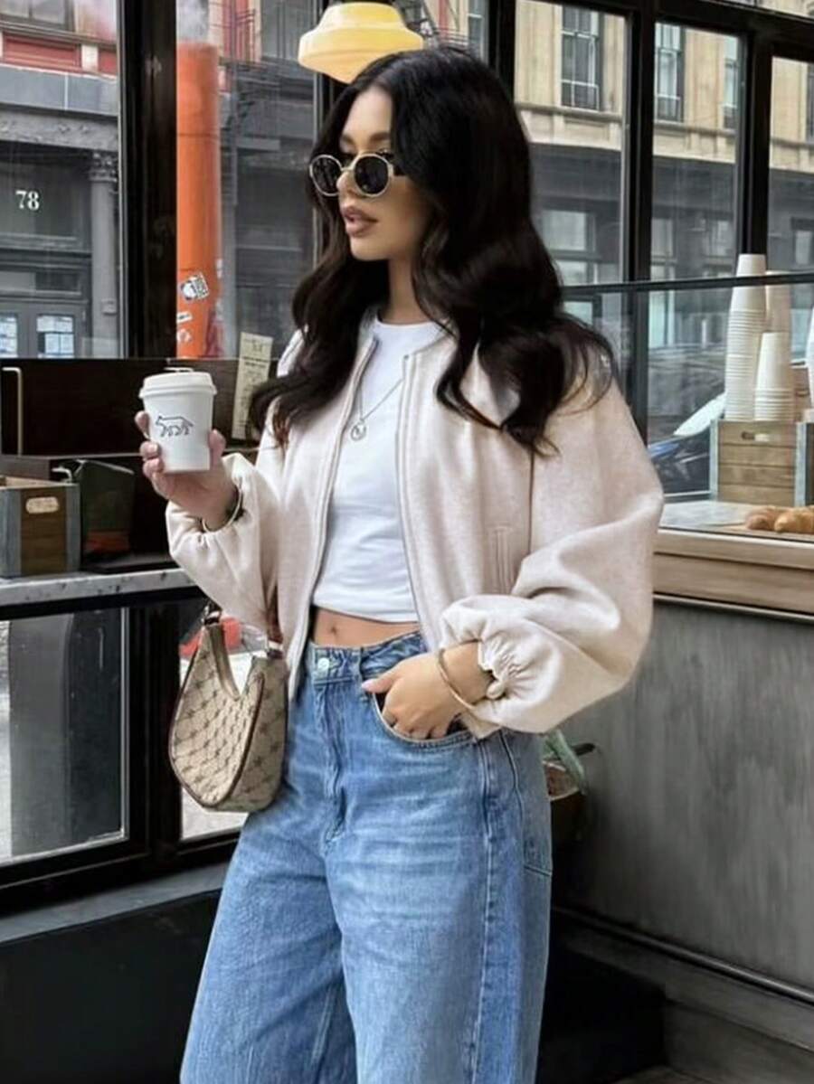 Lillehammer Wool Look Zip Up Cropped Bomber Jacket