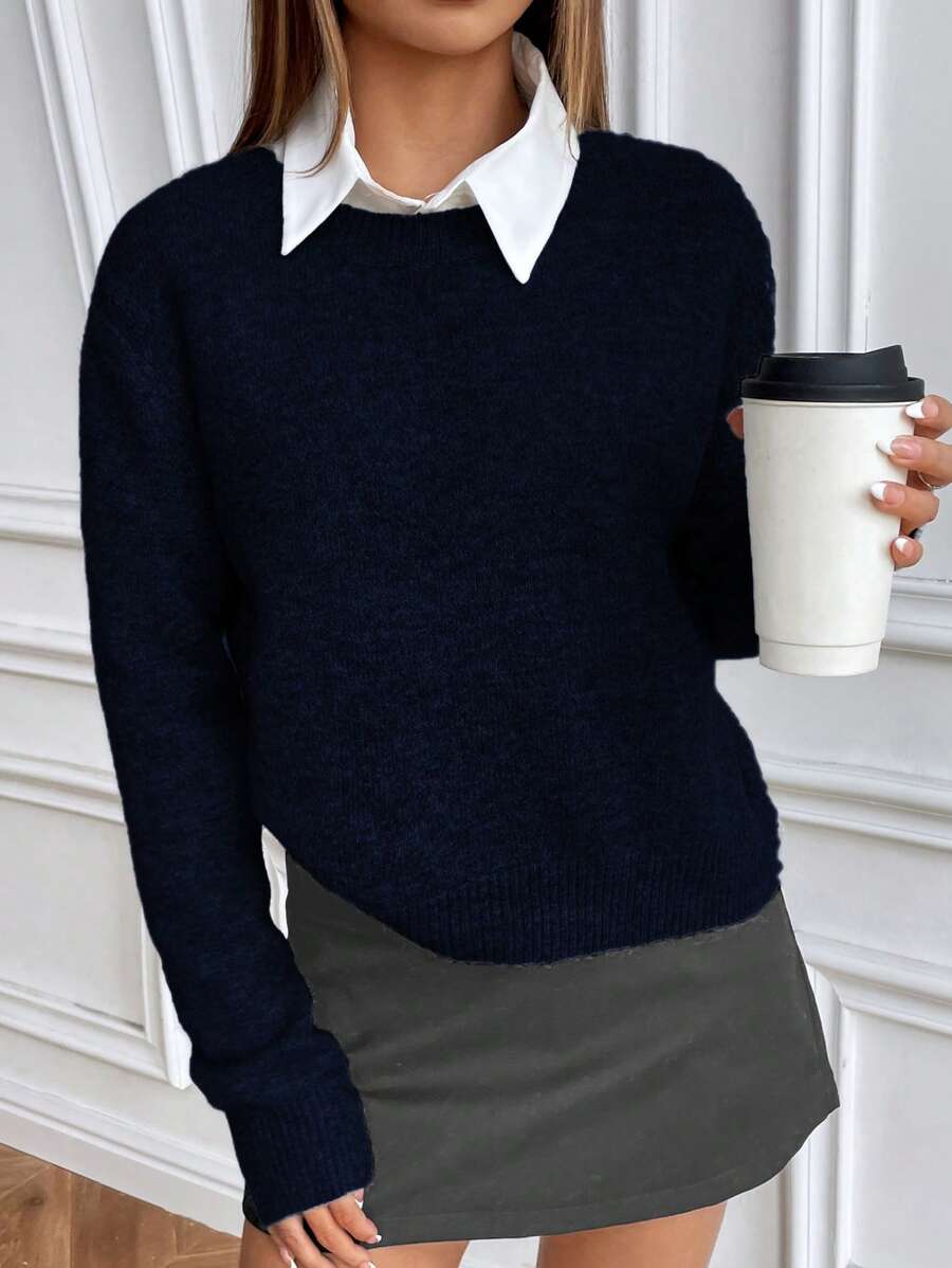 Women's Crew Neck Ribbed Knit Sweater, Fitted Pullover for Fall Winter - Black