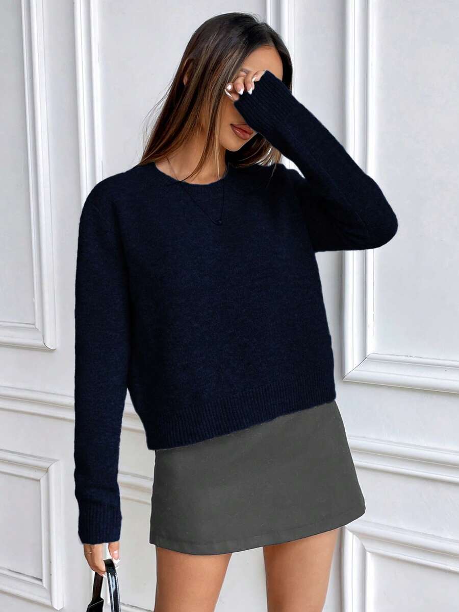 Women's Crew Neck Ribbed Knit Sweater, Fitted Pullover for Fall Winter - Grey