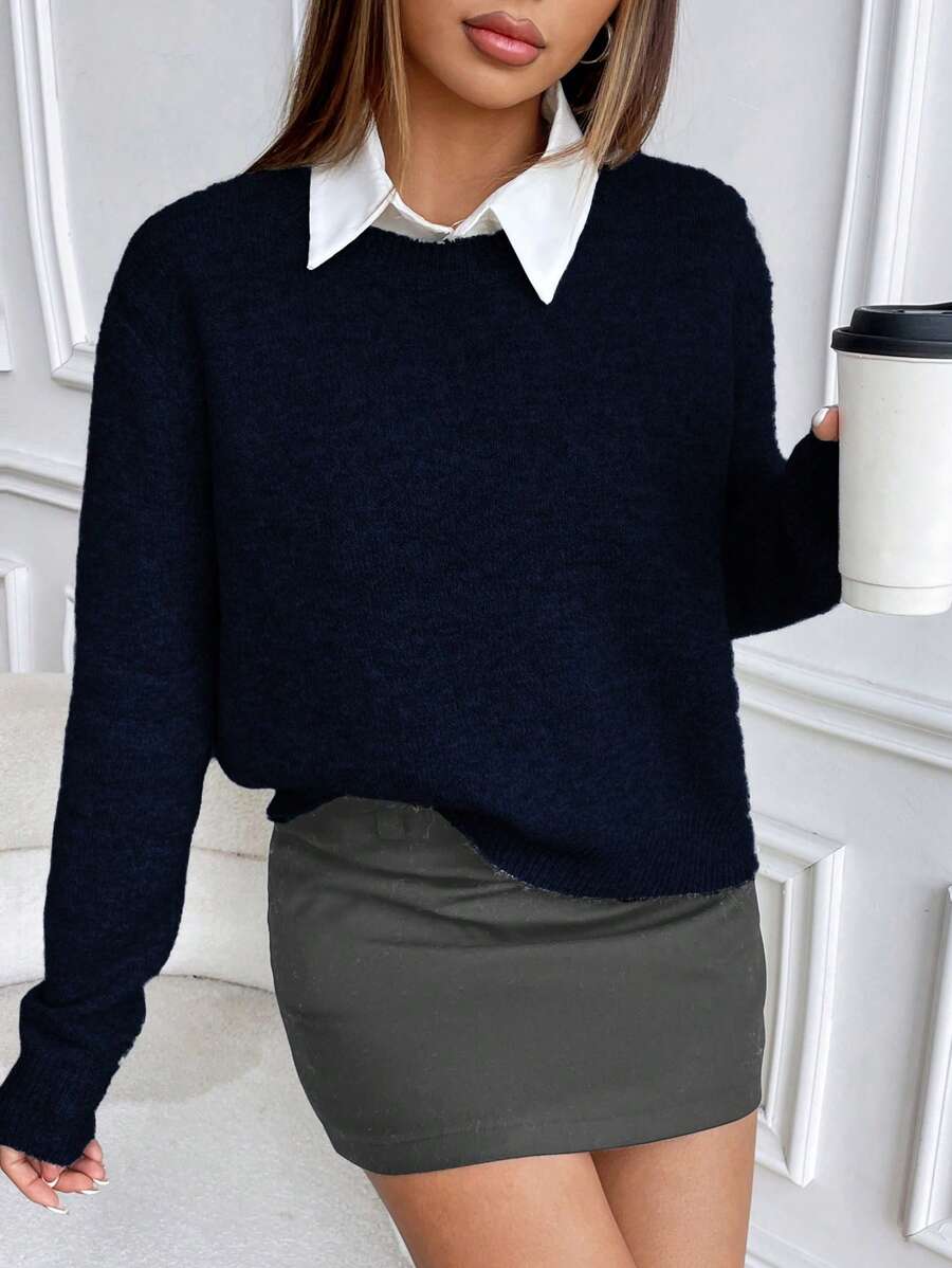 Women's Crew Neck Ribbed Knit Sweater, Fitted Pullover for Fall Winter - Pink