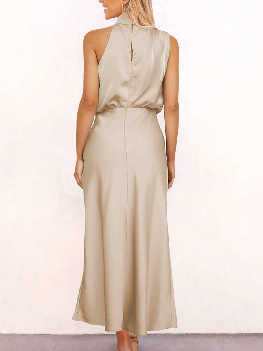 Women's Satin Cowl Neck Halter Midi Dress, Lined Silky Dress for Wedding Guest and Evening - Black