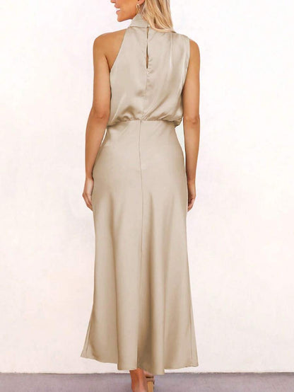 Women's Satin Cowl Neck Halter Midi Dress, Lined Silky Dress for Wedding Guest and Evening - Black